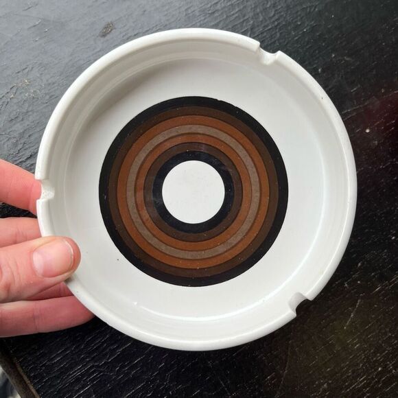 Vintage 70s Ceramic Ashtray 5" Brown Concentric Circle Mod Design - Picture 2 of 11